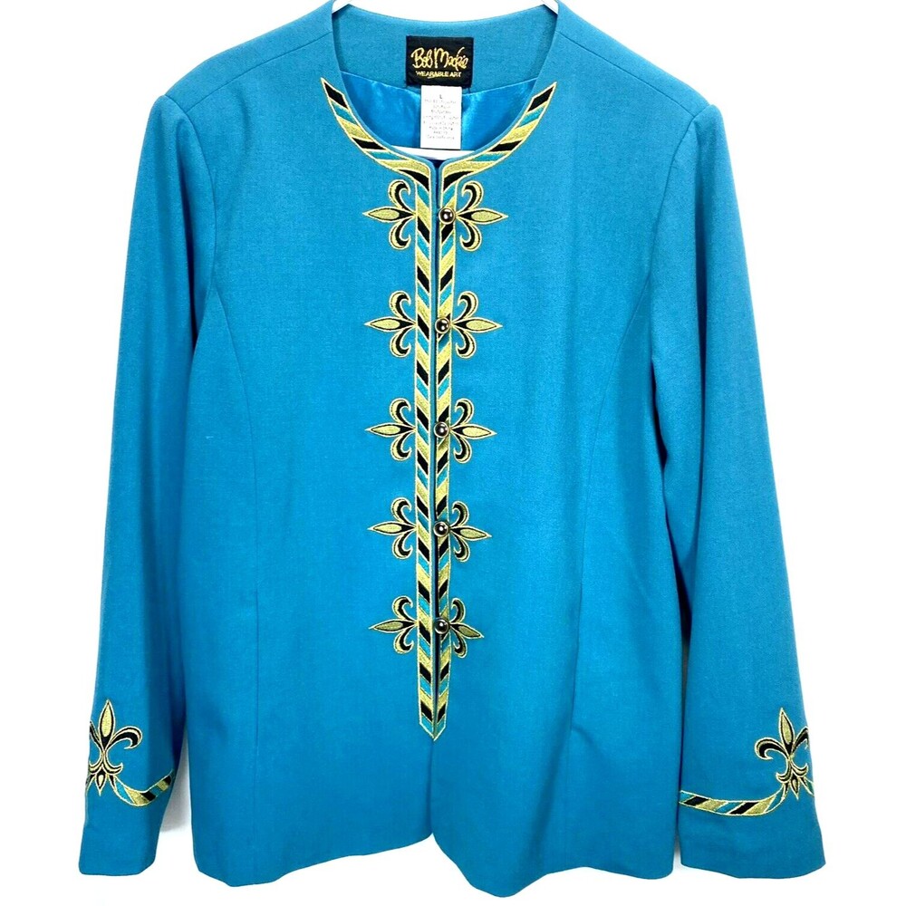 Bob Mackie Wearable Art Womens Large Blue Black Gold Lined Blazer Jacket Pockets